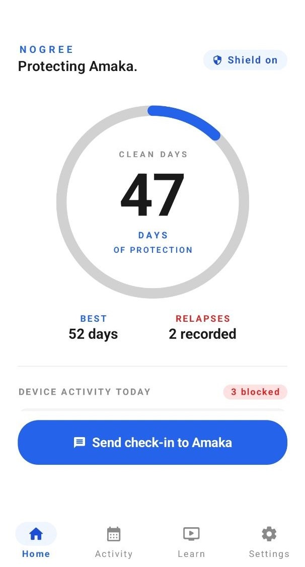 NoGree dashboard — Protecting Amaka, 47 clean days